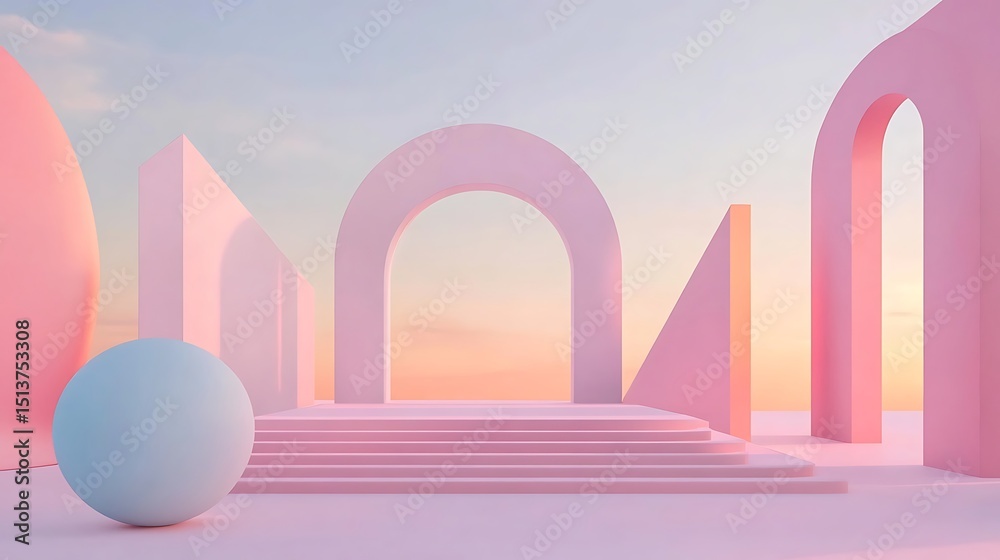 Pastel pink architectural scene with geometric shapes. Pastel pink architectural scene with geometric shapes.