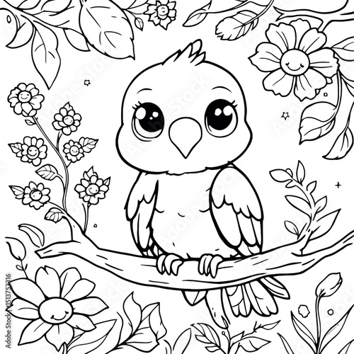 Cute Baby Bird Sitting On A Branch Coloring Page Easy Relaxing Activity
