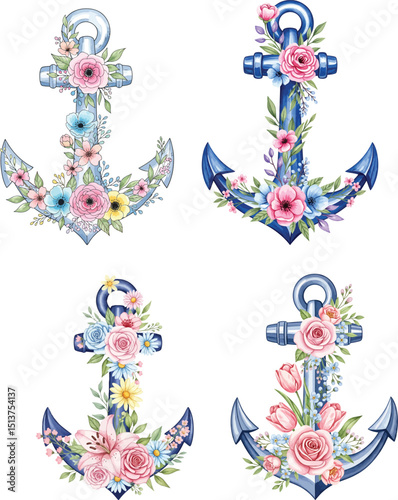 Floral Anchor Collection, Watercolor Anchor with Flower Accents