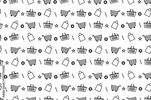 Shopping themed seamless pattern. This pattern consists of shopping trolley icons, shopping baskets, shopping bags, stars, gears and other decorative elements. 