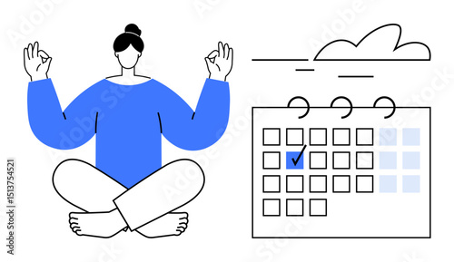 Woman seated in a relaxed yoga pose, calendar with marked date, and floating cloud. Ideal for mindfulness, time management, planning, mental health, productivity, wellness and balance flat simple