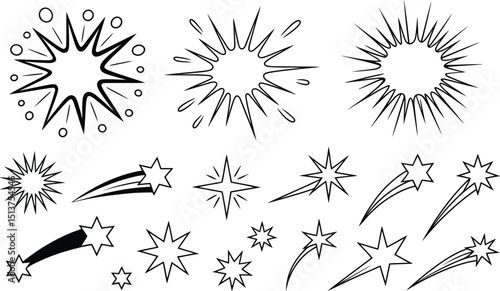 Artistic collection of vector graphic elements depicting various starbursts bursting effects sparkling stars and shooting star trails in a clean black and white design