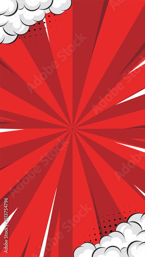 Comic Strip Background: A vivid comic strip-style background bursts with energy, featuring a dynamic red and white radial pattern, punctuated by dramatic, stylized clouds.