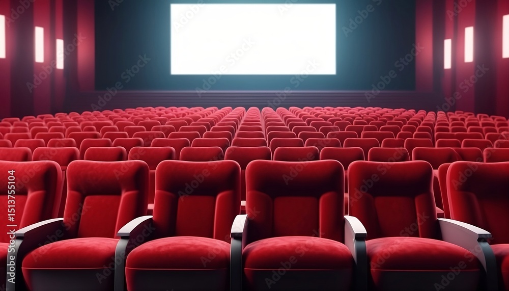 Obraz premium Rows of red velvet seats watching movies in the cinema with copy space banner background. Entertainment and Theater concept. 3D illustration rendering, created with generative ai
