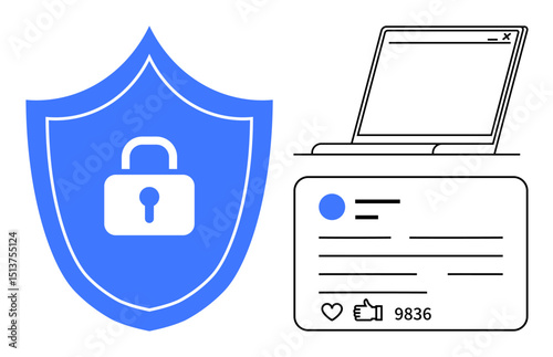 Blue shield with lock symbol, outlined laptop, and social media interface for privacy and cybersecurity. Ideal for data protection, online safety, digital security, cybersecurity awareness