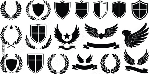 Collection of elegant black and white heraldic vector elements including shields wings laurels and banners for emblems logos and decorative designs