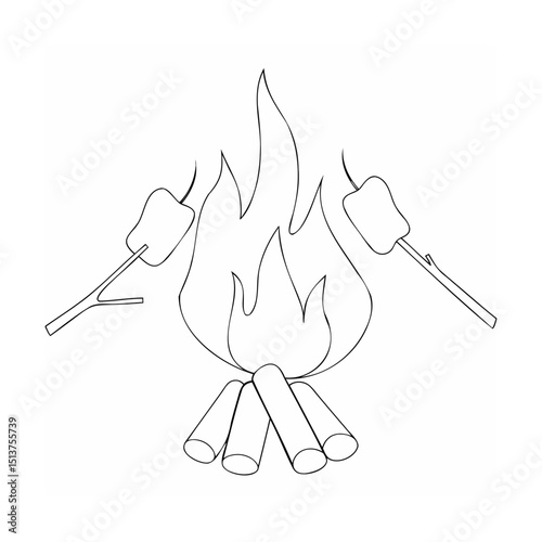 A simple black and white illustration of a campfire with roasting marshmallows
