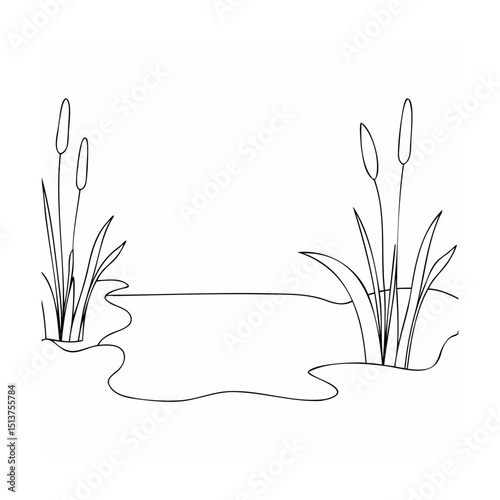 Minimalist black and white line art illustration depicting cattails and pond edge