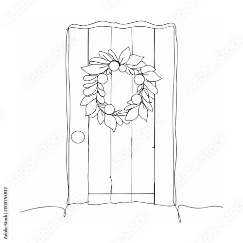 Hand drawn illustration of a wooden door decorated with a floral wreath design