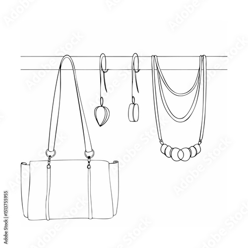 Hand drawn fashion accessories including a handbag earrings and layered necklace