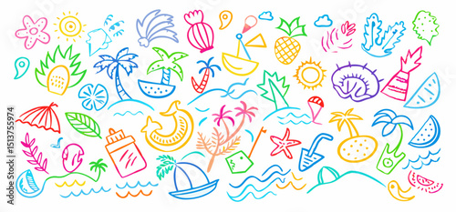 Kid summer beach crayon background. Doodle sea bg. Cute hand drawn sketch flower, sun, cloud, wave, palm, whale, beach umbrella, boat icon. Line crayon vector element. Summer kid color pencil drawing
