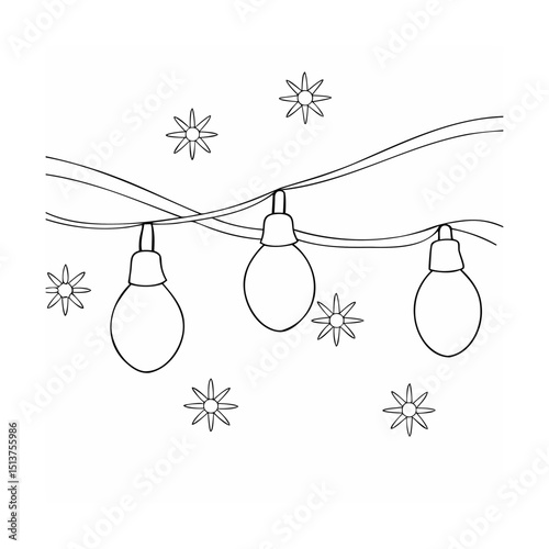 Festive string lights and snowflakes black and white illustration for christmas decorations