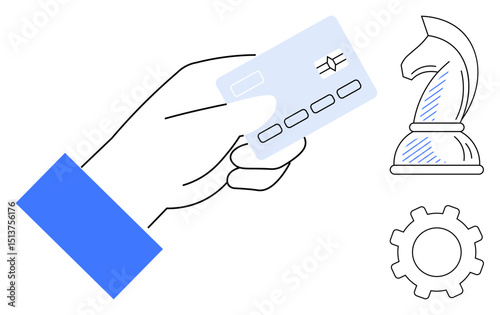 Simplified hand holding credit card, accompanied by chess knight and gear, representing strategic decision-making, financial management, payment processing, and optimization. Ideal for banking