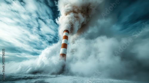 A towering industrial chimney releases thick clouds of smoke into the sky, illustrating the impact of industrialization on the environment and public health.