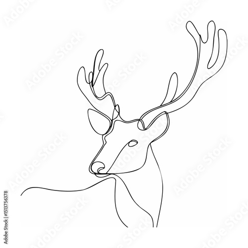 Minimalist one line drawing of a majestic deer head and large antlers in black