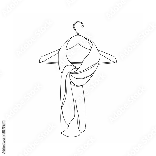 Elegant line art illustration of a fashionable scarf on a wooden clothes hanger