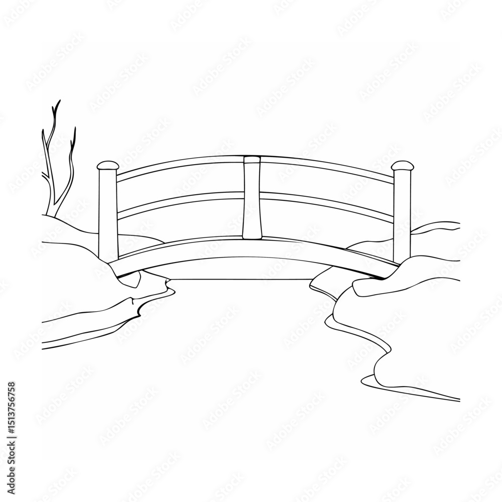 Obraz premium Black and white illustration of a traditional arched bridge spanning a serene waterway