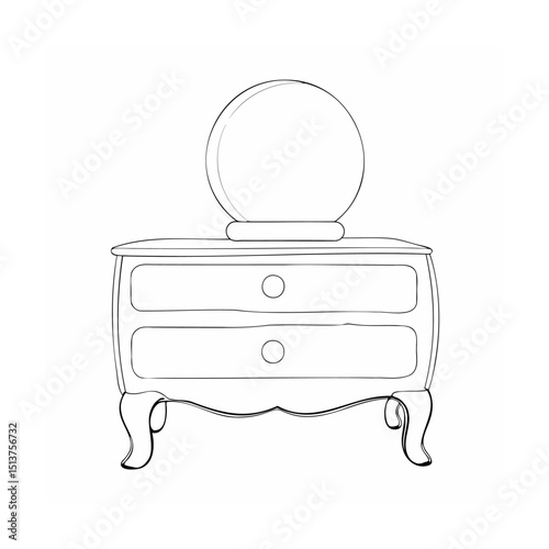 Elegant outline illustration of a dresser with a round mirror for interior design concept