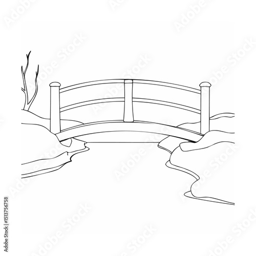 Black and white illustration of a traditional arched bridge spanning a serene waterway