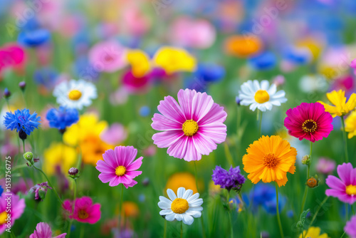 Field of colorful wildflowers including cosmos, daisies, and cornflowers in full bloom photo