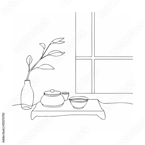 Minimalist illustration of a tea ceremony setup featuring teapot cup and plant arrangement