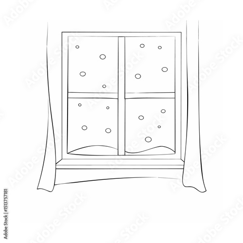 Black and white illustration of a window with snowfall and curtains for seasonal themes