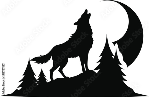 Wolf howling at the moon in forest silhouette isolated on white background