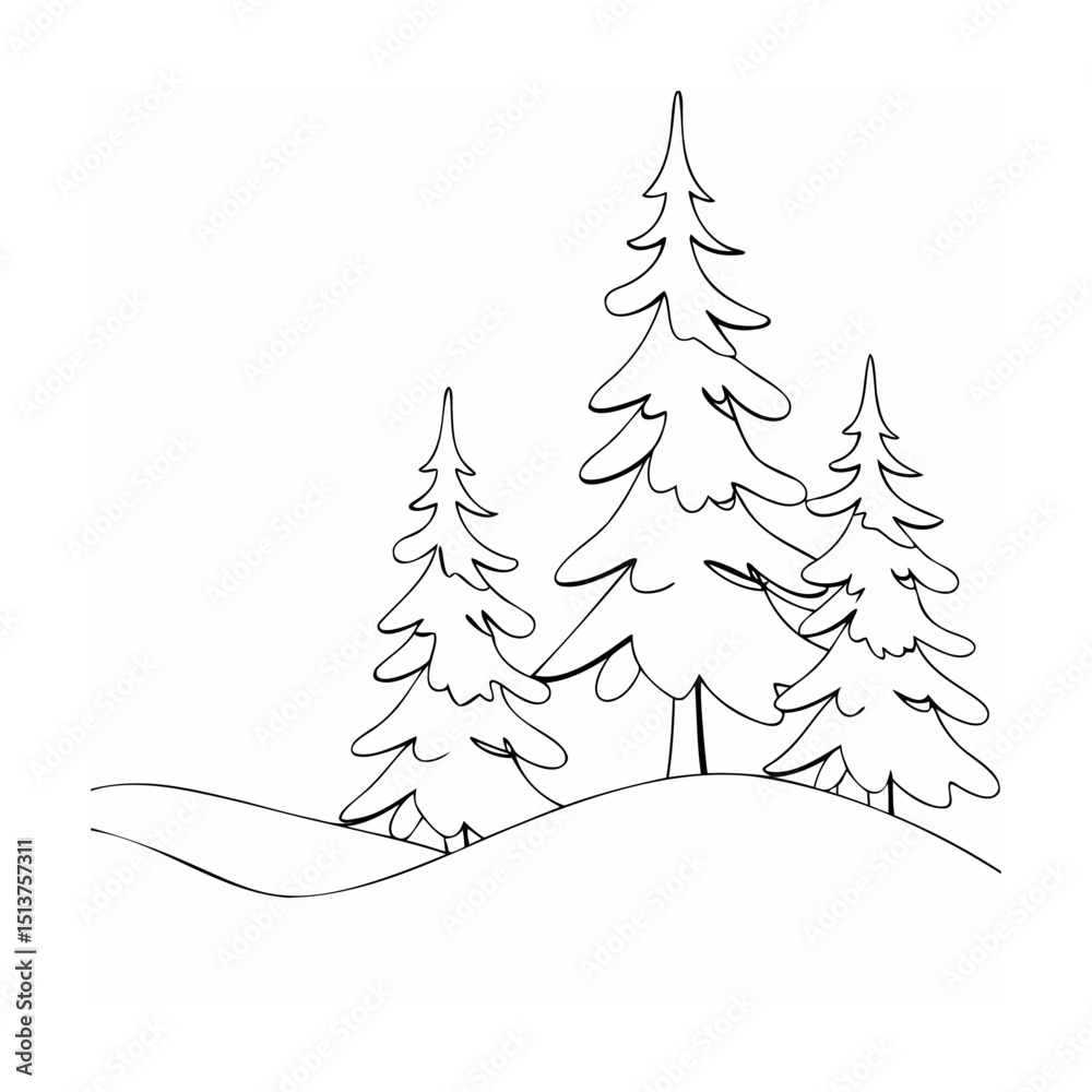 Fototapeta premium Simple black and white illustration of winter landscape with fir trees on snowy hills