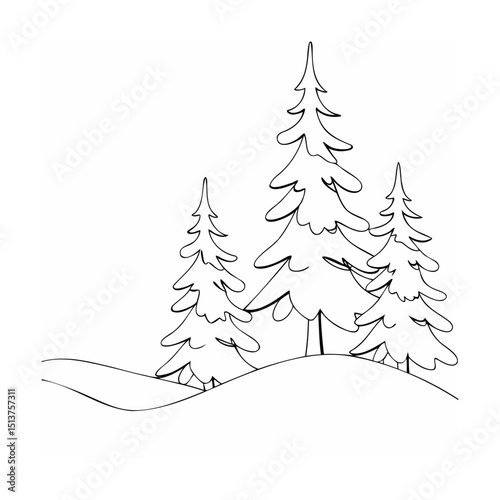 Simple black and white illustration of winter landscape with fir trees on snowy hills