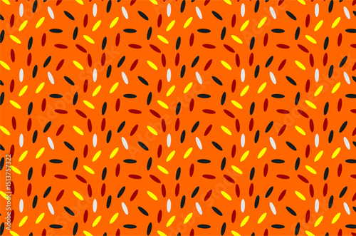 Seamless vector pattern featuring colorful rice grains scattered. The grains appear in red, black, yellow, and white. Perfect for food packaging, culinary backgrounds, or Asian-themed graphic elements