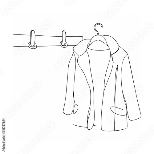 Elegant minimalist line art illustration of a coat hanging on a clothes rack