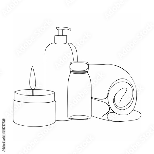 Minimalist line art illustration of spa products featuring candle lotion towel and jar