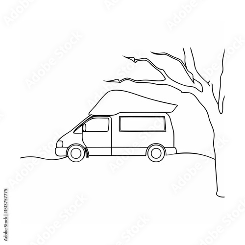 Black and white line art illustration of a campervan beside a tree outdoors