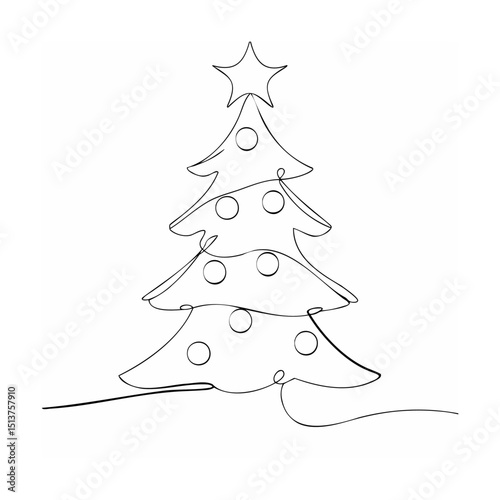 Simple elegant christmas tree line art drawing with star decoration and ornaments
