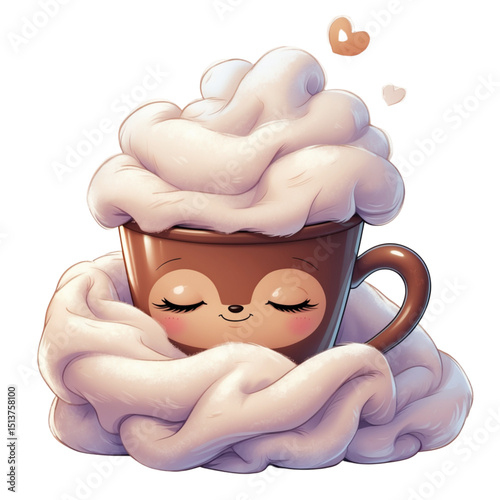 Vector illustration of cute coffee cups wrapped in scarves and whipped cream, marshmallows and cozy textures. Adorable kawaii winter drink characters, isolated on white.