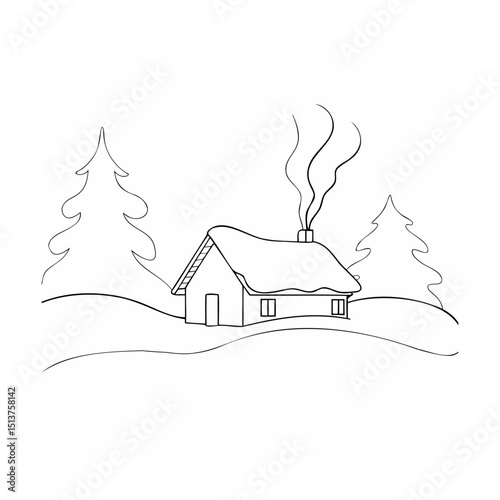 Winter cottage scene with snow covered roof and pine trees with smoke rising from chimney