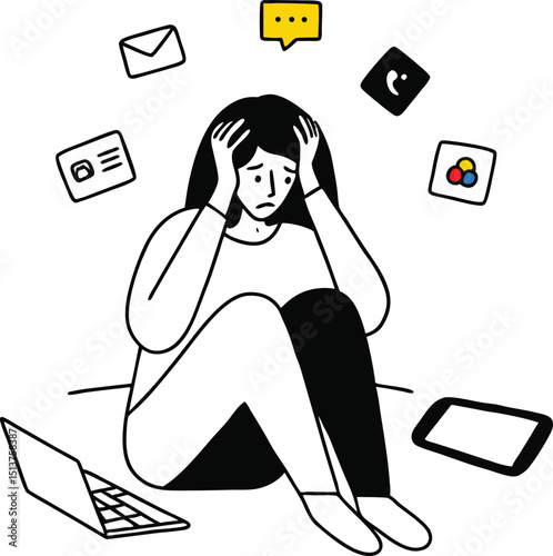 Stressed woman overwhelmed by digital notifications and messages