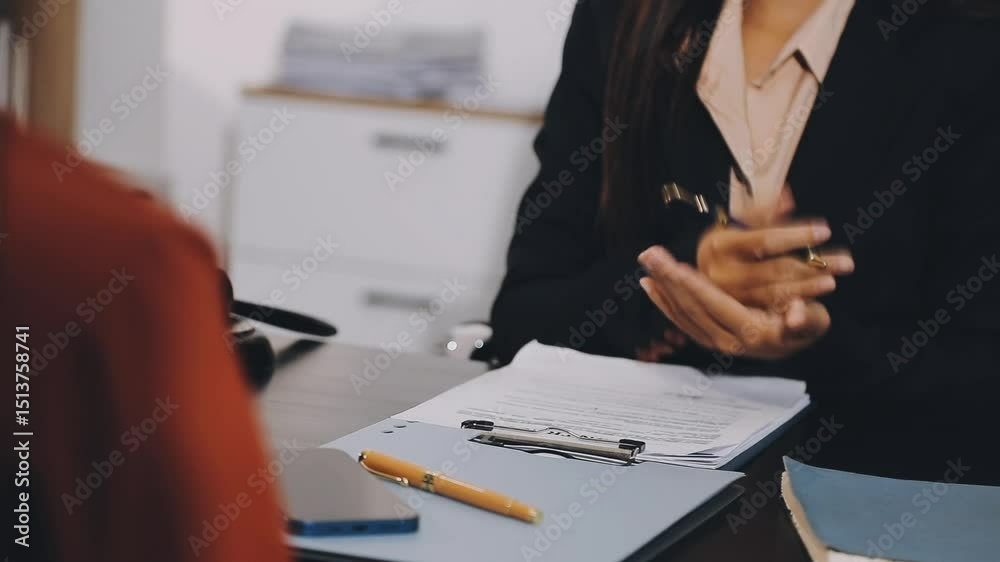 Business partners sign legal documents at office desk. Barrister helper checks terms of agreement, explains to boss. Collaboration in law firm. Important contract signing. Formal meeting. Legal