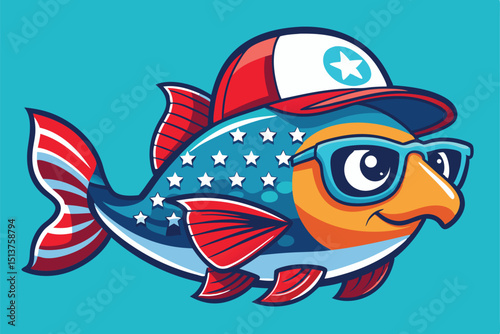 A patriotic cartoon fish wearing sunglasses and hat celebrating american independence day