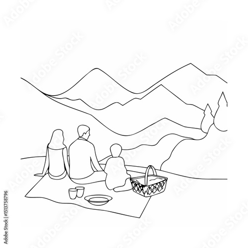 Family enjoying picnic with mountain view in black and white line art