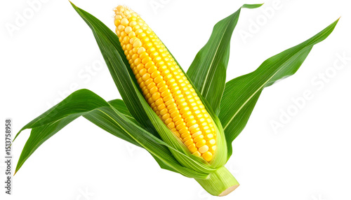 Ripe yellow corn kernels glistening on fresh green husked ear, isolated against transparent background