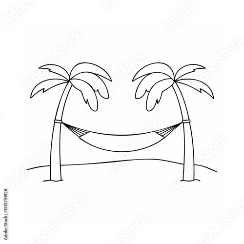 Simple black and white tropical scene featuring palm trees and a hammock relaxing