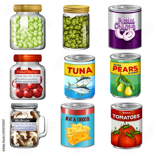 set of various vegetables in jars