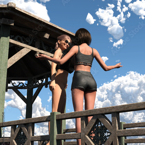 Wallpaper Mural 3d illustration of two women talking outdoors with blue sky and clouds above. Torontodigital.ca