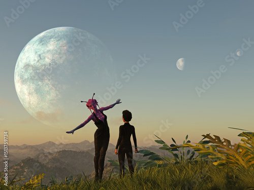 Wallpaper Mural 3d illustration of a female alien standing next to a human with arms out playfully on an extraterrestrial with a large planet and moons in the sky. Torontodigital.ca
