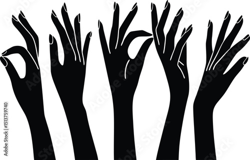 Elegant black silhouettes of female hands in various gestures