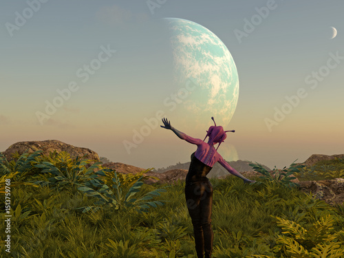 Wallpaper Mural 3d illustration of a female alien with tendrils with arms out looking at an extraterrestrial planet in the sky at sunset. Torontodigital.ca