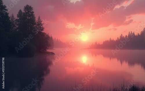 Pink And Orange Sunset Over Calm Water With Trees. High quality