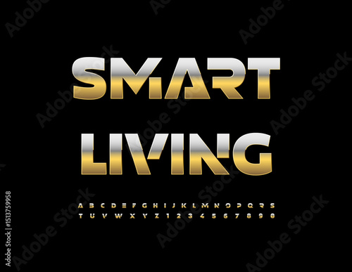 Vector Chic emblem Smart Living. Stylish Futuristic style Font. Glossy Alphabet Letters and Numbers set. 