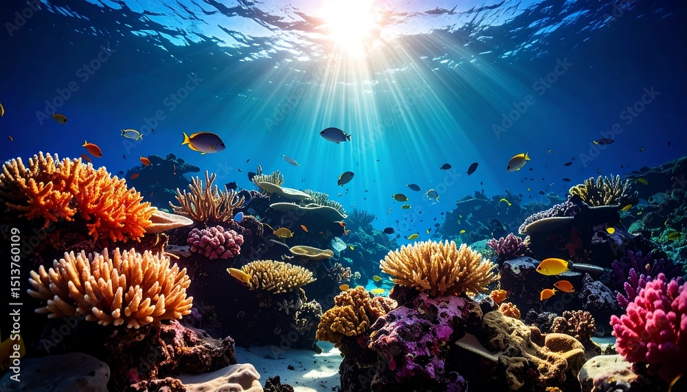 Obraz premium Underwater Scene with Coral Reefs and Fish Illuminated by Sunlight in Blue Water